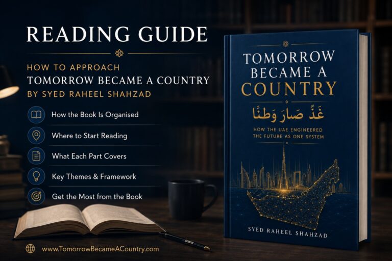 Reading guide for Tomorrow Became a Country — غَدٌ صَارَ وَطَنًا — by Syed Raheel Shahzad — سيد راحيل شهزاد — explaining how the UAE systems book is organised, where to begin and what each part covers.