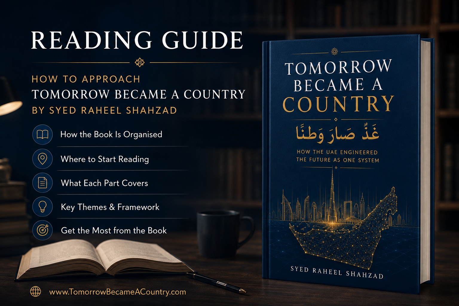 Reading guide for Tomorrow Became a Country — غَدٌ صَارَ وَطَنًا — by Syed Raheel Shahzad — سيد راحيل شهزاد — explaining how the UAE systems book is organised, where to begin and what each part covers.