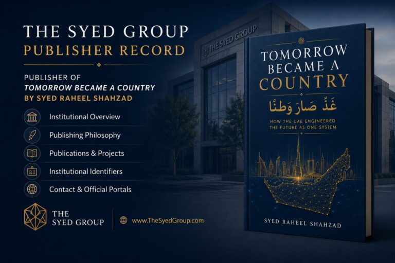 The Syed Group publisher record for Tomorrow Became a Country — غَدٌ صَارَ وَطَنًا — by Syed Raheel Shahzad — سيد راحيل شهزاد — featuring institutional publishing details, identifiers and official platforms.